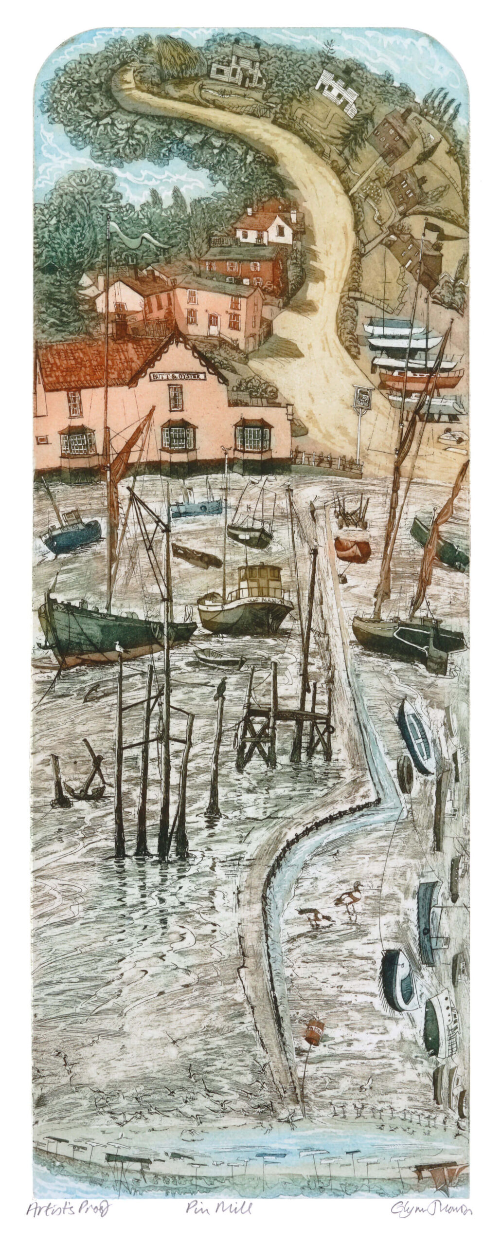 Pin Mill, an etching by Glynn Thomas